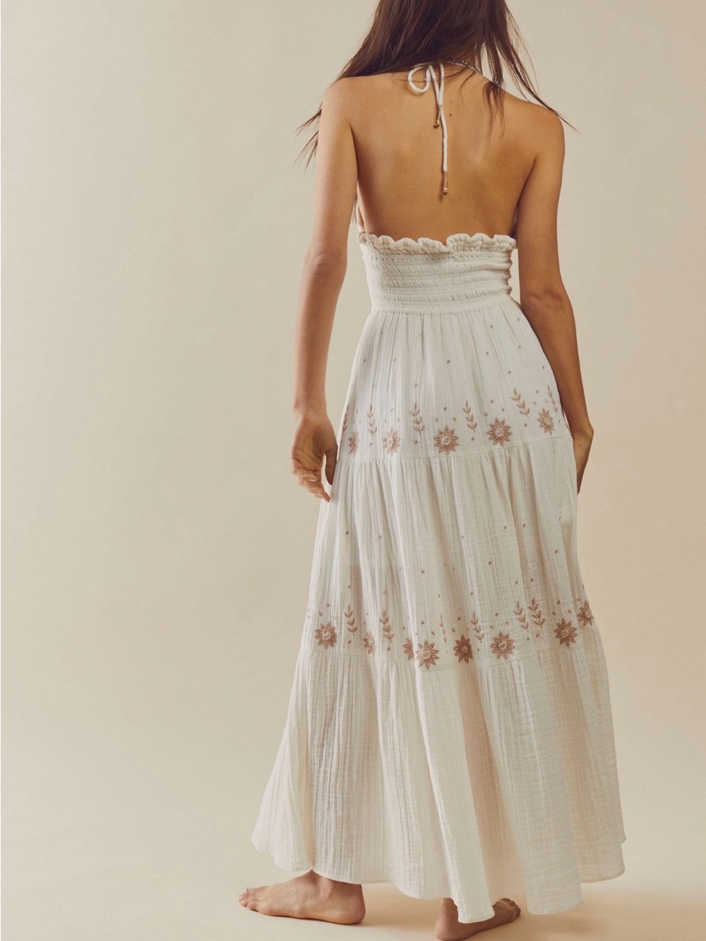 Free People Ivory Maxi Dress with Tan Floral Embroidery - Picture 2 of 4